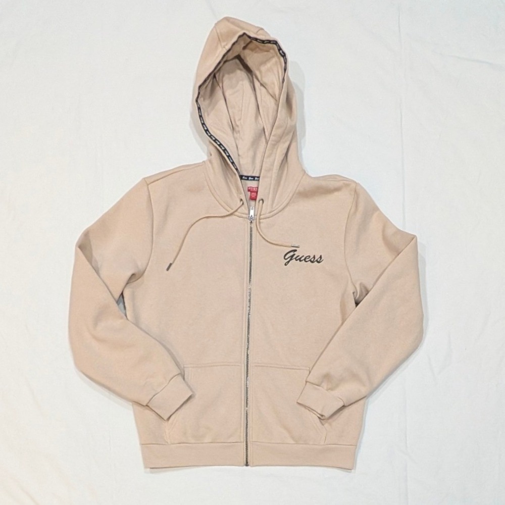 Guess Los Angeles Womens Full Zip Hoodie Tan Beige Logo Fleece Sweatshirt LG